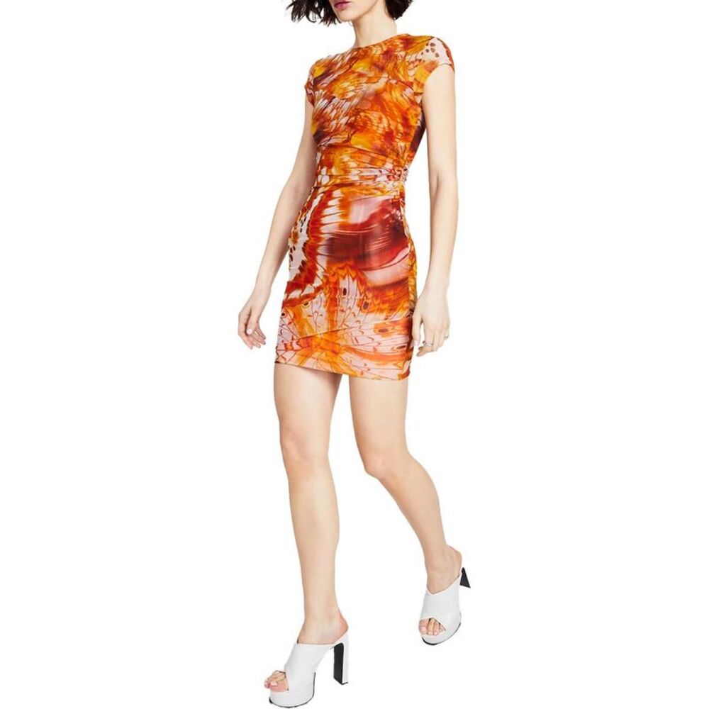 Guess Orange & Red Abstract Print Cap-Sleeve Bodycon Dress